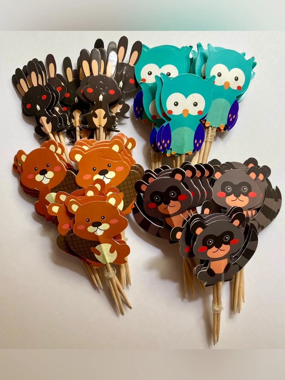64 Woodland Animal Cupcake Toppers - Owl, Raccoon, Rabbit Party Picks